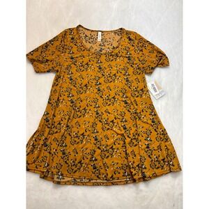 LuLaRoe Amber Tunic Mustard Yellow Floral Print‎ Short Sleeve Size L Made in USA